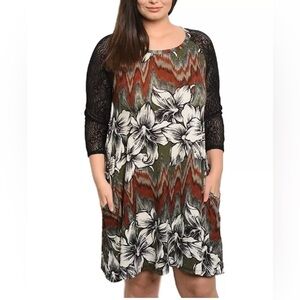 Women’s Plus Size Earth Tone Floral Trapeze Flowy Dress Lace Sleeve‎ Pockets 3X